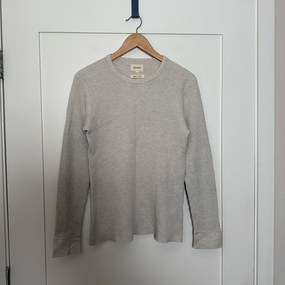 Beams Waffle Sweater Sz M Ivory Long Sleeve 100% Cotton Stretch Made In Japan